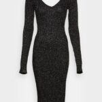 žene lurex v-ausschnitt midi strickkleid pomaknuta haljina crna Anna Field 20N84197